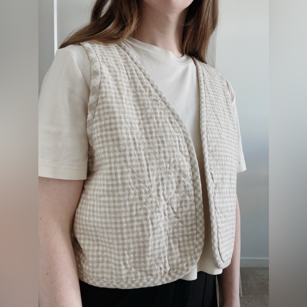 Handmade Reversible Quilted Vest in Tan Gingham/Cream Floral